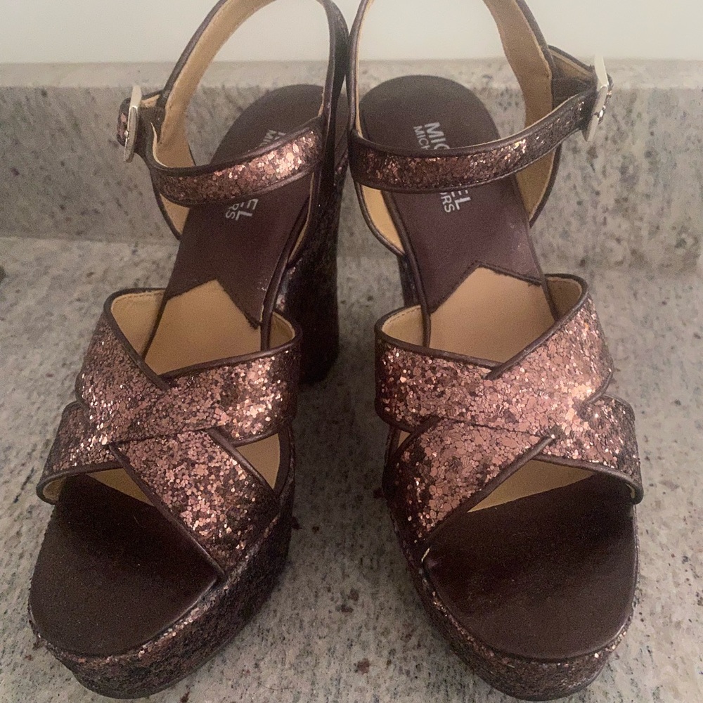 Michael Kors, bronze glittered platforms, size 5.5